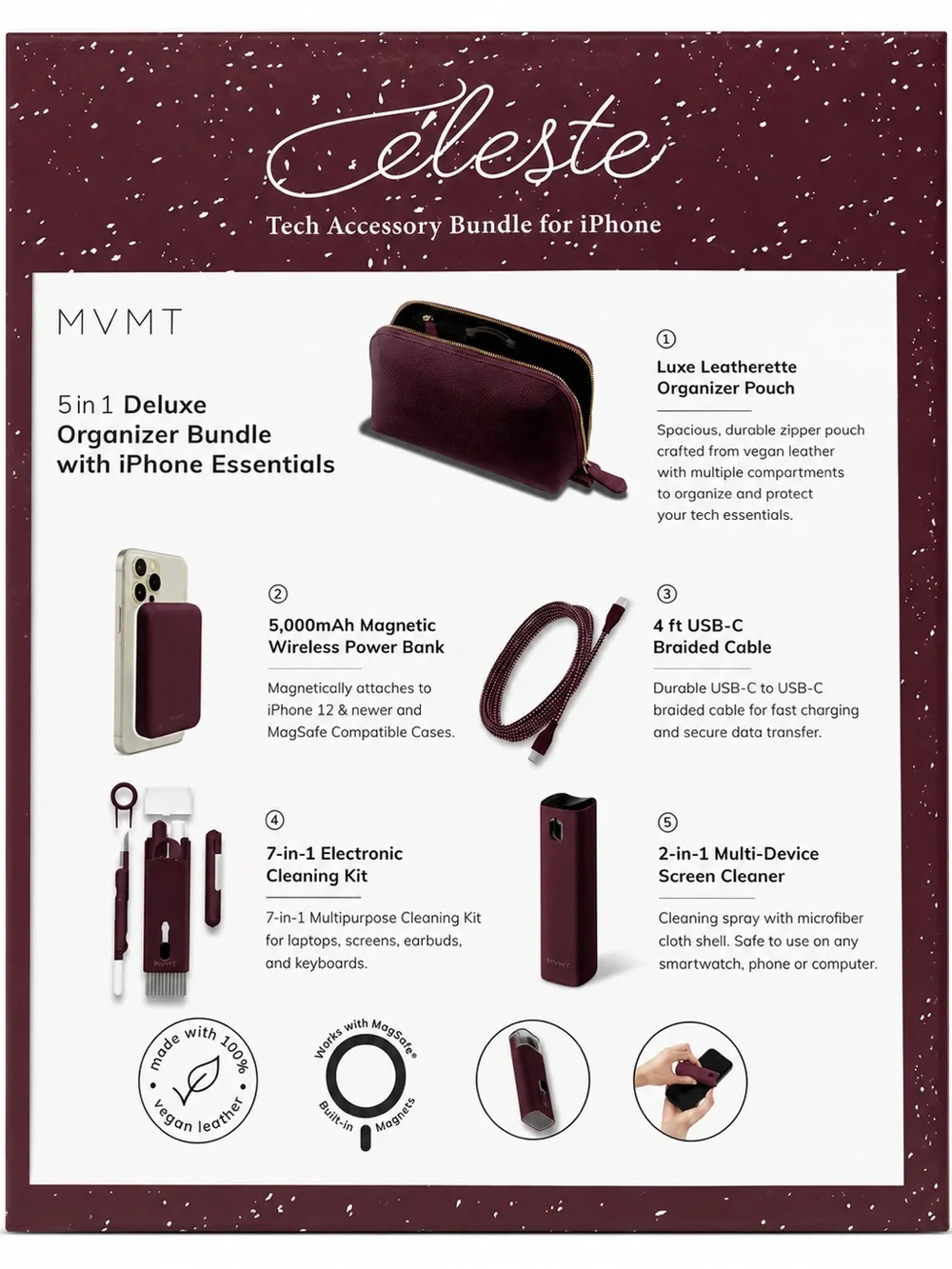 NWT MVMT Celeste iPhone Tech Accessory Bundle Magnetic PowerBanks Burgundy